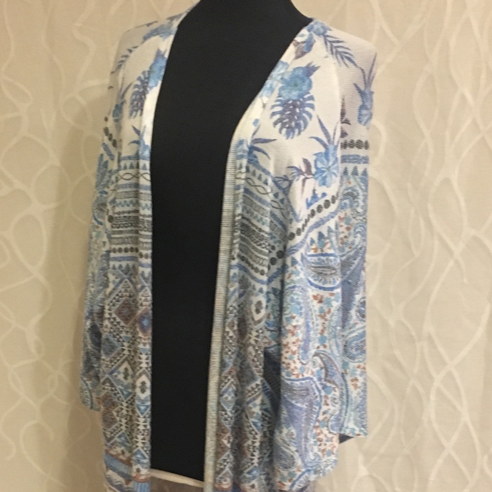 Blue kimono bohemian tropical print fringe L beach